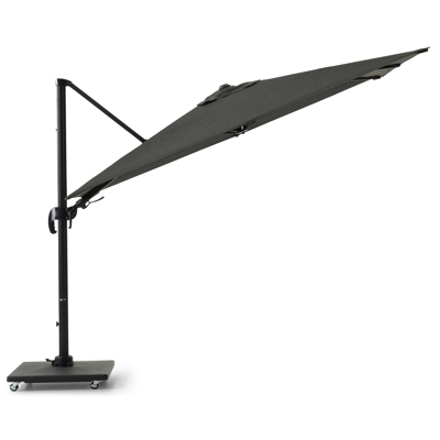 Avola zweefparasol met tiltfunctie in zwart aluminium en Natte Sooty Sunbrella® Premium parasoldoek - L1 200 x L2 300 cm met Avola parasolvoet 90 kg