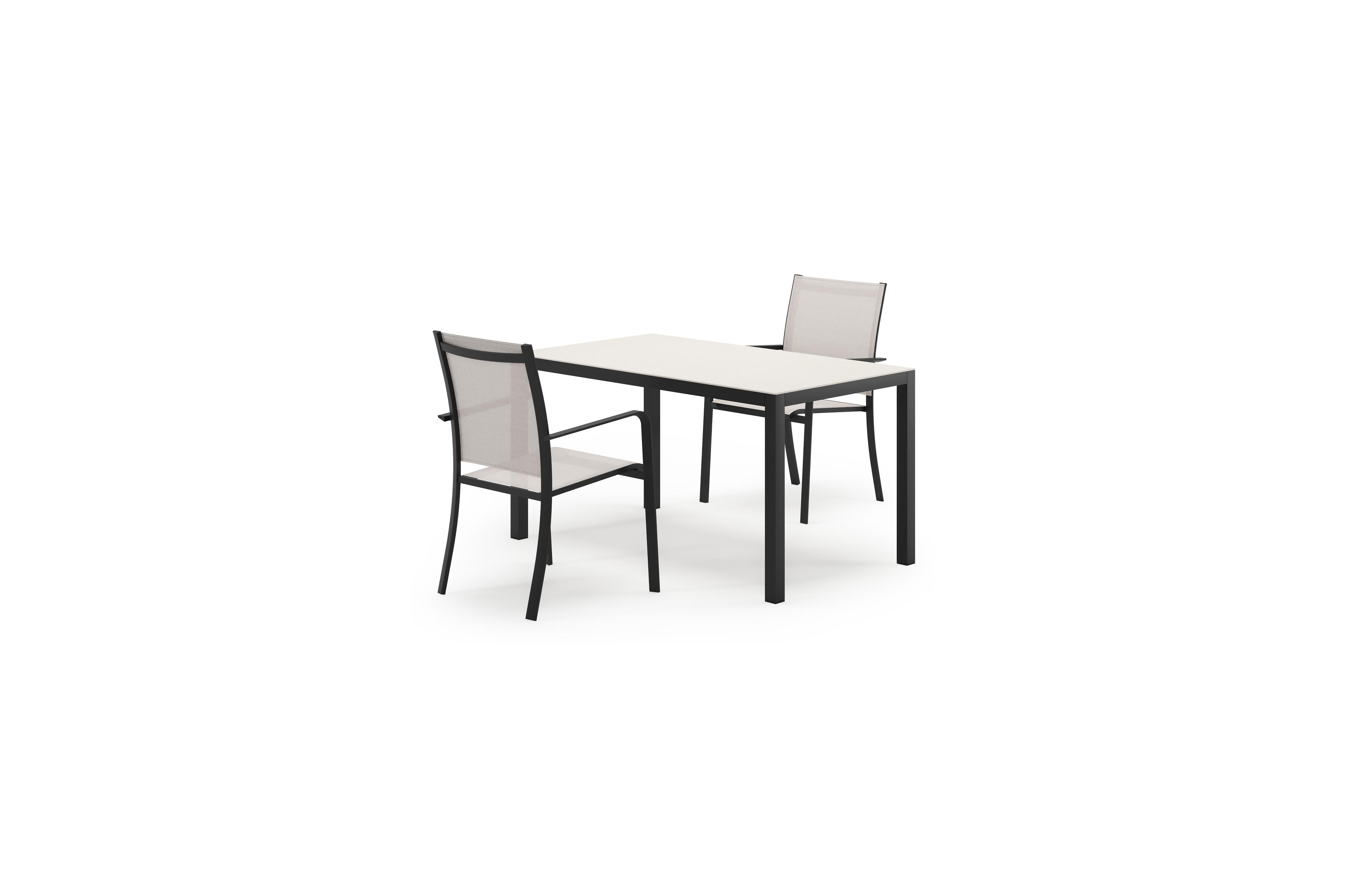 Feltro tuinset in zwart aluminium en sintered stone Crema minerale met 2 Calobra tuinstoelen