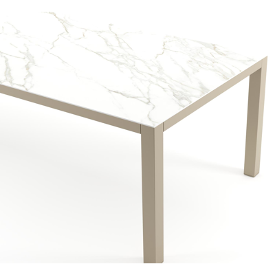 Table de jardin Como rectangulaire en aluminium beige et céramique pleine Calacatta - Lg. 280 x Lrg. 110 x Haut. 73 cm