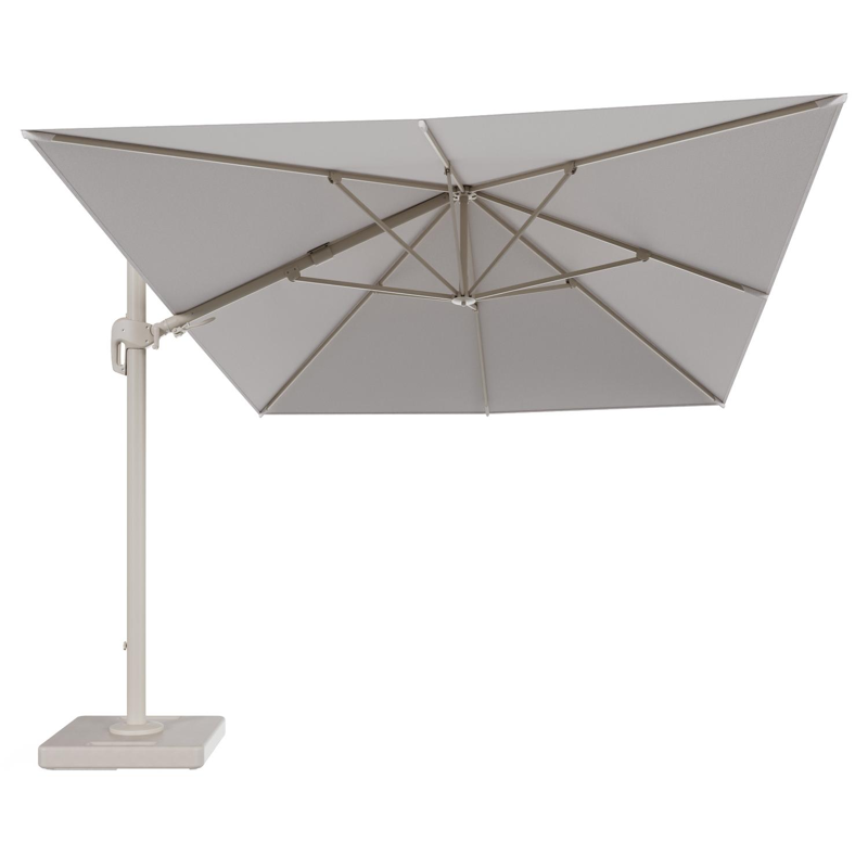 Parasol pendant Rufina avec fonction tilt en aluminium beige et toile de parasol en All Weather Solica Ego Eggshell - Lg.1 400 x Lg.2 300 cm avec pied de parasol Lapido 160 kg