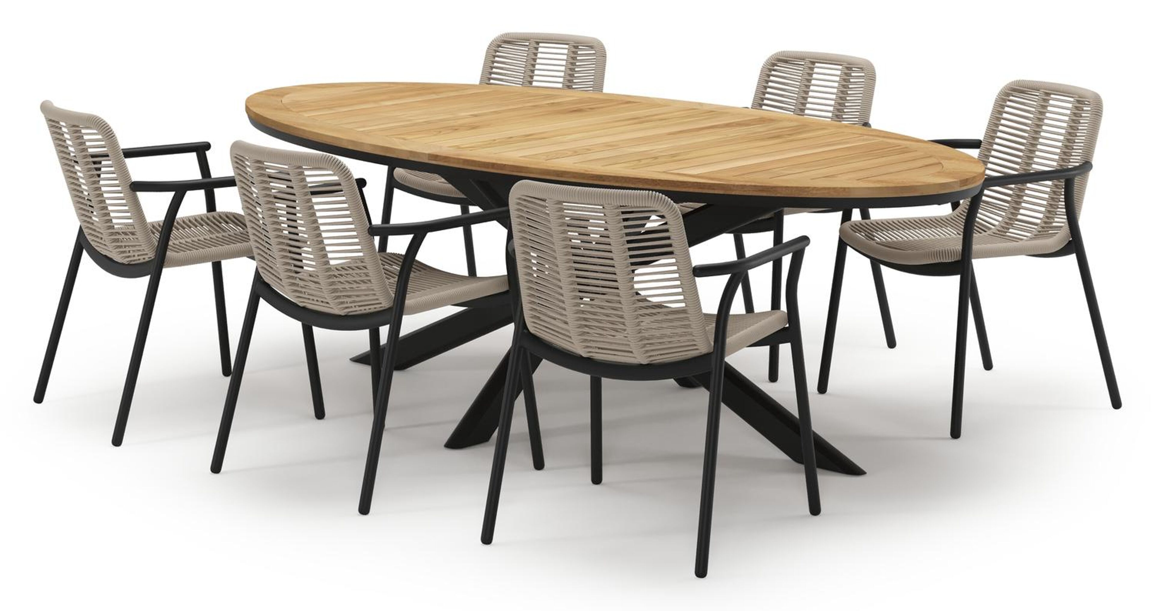 Pamplona tuinset in zwart aluminium en teak met 6 stapelbare Berga tuinstoelen
