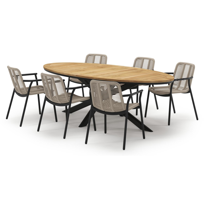 Pamplona tuinset in zwart aluminium en teak met 6 stapelbare Berga tuinstoelen