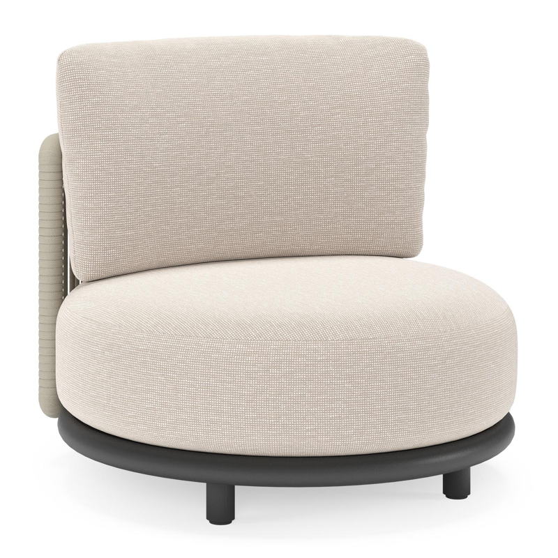 Lomano loungestoel in zwart aluminium en beige verticaal geweven luxe vlakke rope met Tundra Pepper all weather sunbrella® luxe