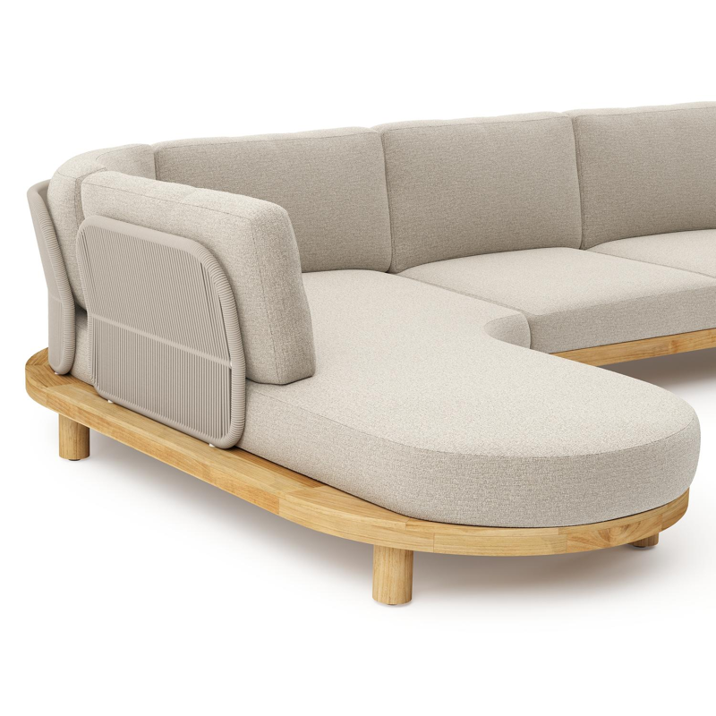 Salon de jardin d'angle Donato en teck et corde ronde tissée verticalement beige et coussins en all weather cosytica Catania Sand
