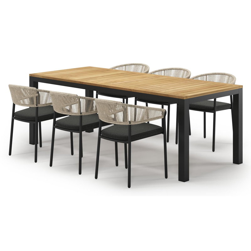 Ensemble de jardin Varese en aluminium noir et teck avec 6 chaises de jardin Zamora