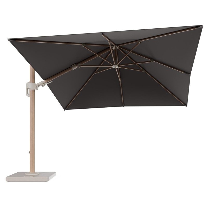 Rufina zweefparasol tiltfunctie in houtlook aluminium en parasoldoek in All Weather Sunbrella® Luxe Natte Nature Grey - L1 300 x L2 300 cm met parasolvoet Lapido 120 kg