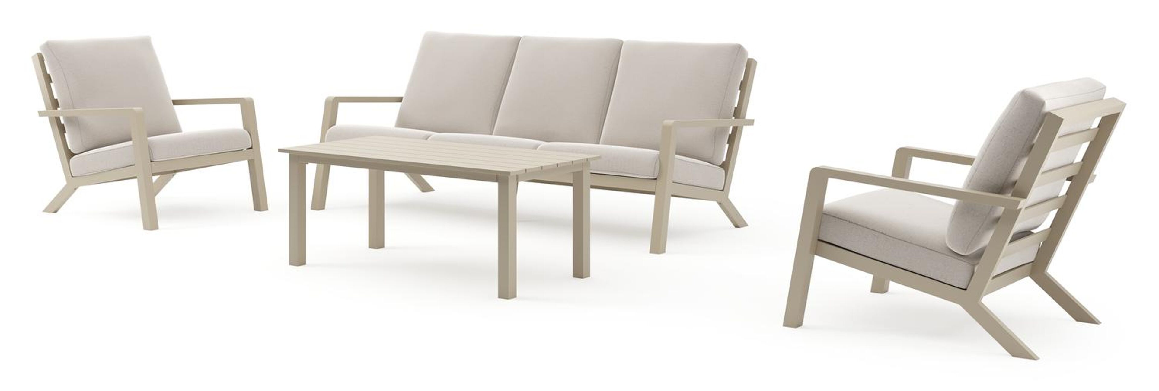 Nelas loungeset in beige aluminium met beige weather+ softtouch kussens en loungetafel