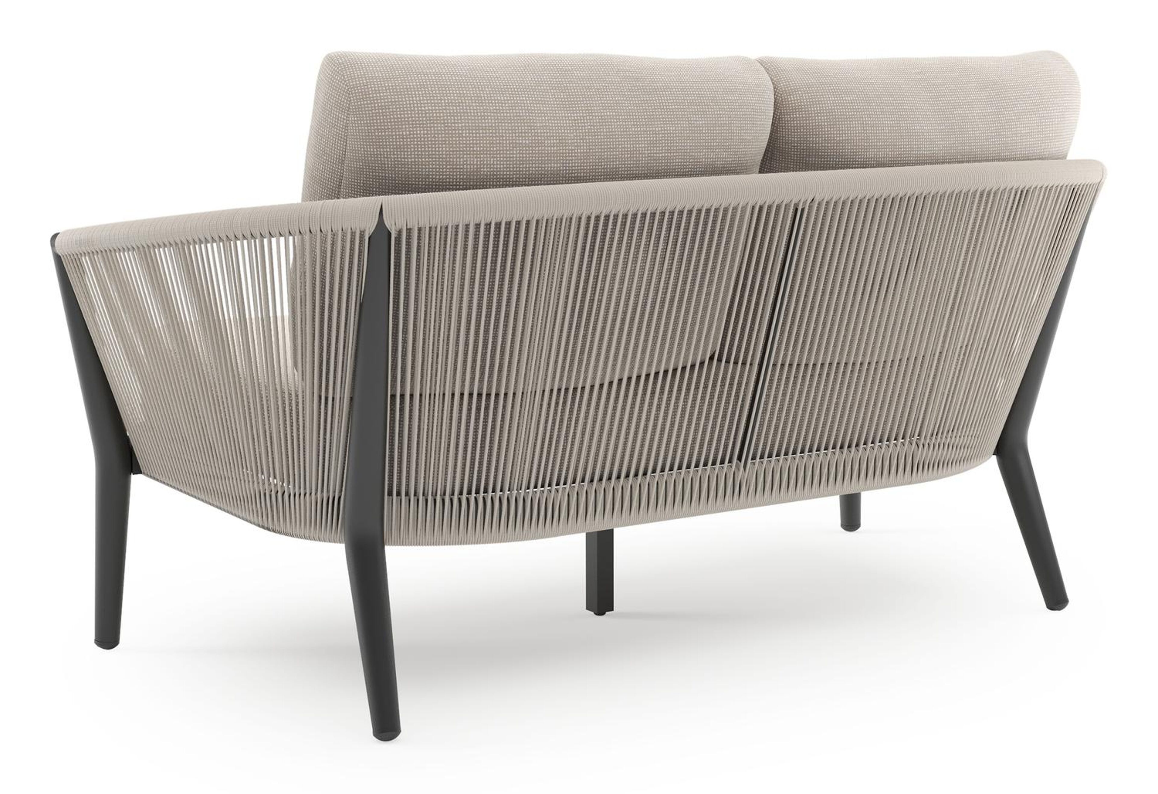 Orso loungebank in zwart aluminium en beige verticaal geweven ronde rope met Slow Farafra all weather sunbrella® luxe kussen