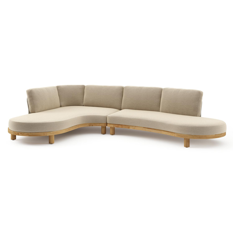 Donato loungehoek in teak en beige verticaal geweven ronde rope met all weather cosytica Althea Camel kussen