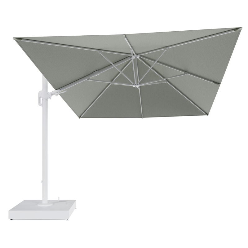 Rufina zweefparasol met tiltfunctie in wit aluminium en Slow Spirea All Weather Sunbrella® Luxe parasoldoek - L1 400 x L2 300 cm met parasolvoet Minore 260 kg met wielen