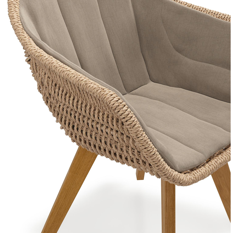Pagino tuinstoel in teak en naturel ronde wicker met zitkussen in All Weather Sunbrella® Luxe Natte Heather Grey