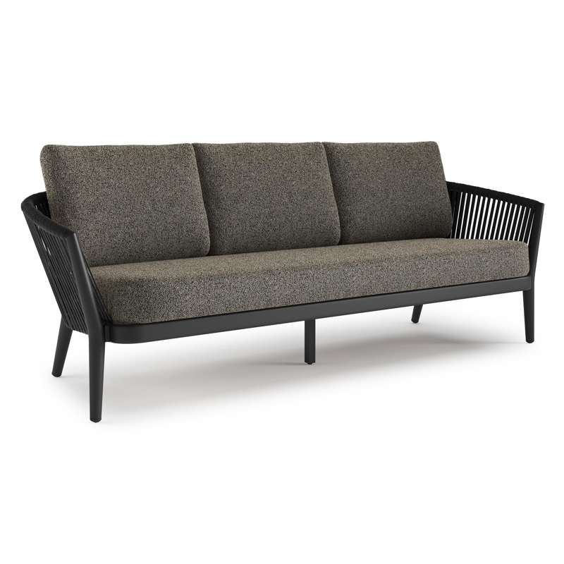 Orso loungebank in zwart aluminium en zwart verticaal geweven ronde rope met Marbella Tunder all weather cosytica kussen