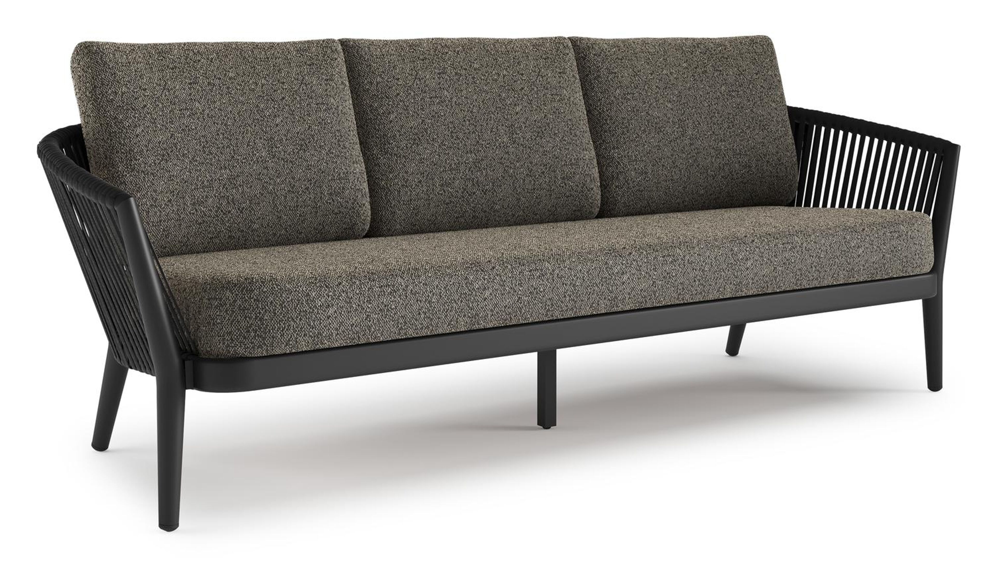 Canapé de jardin Orso en aluminium noir en corde luxe plate tissée verticalement noir et coussins en all weather cosytica Marbella Tunder