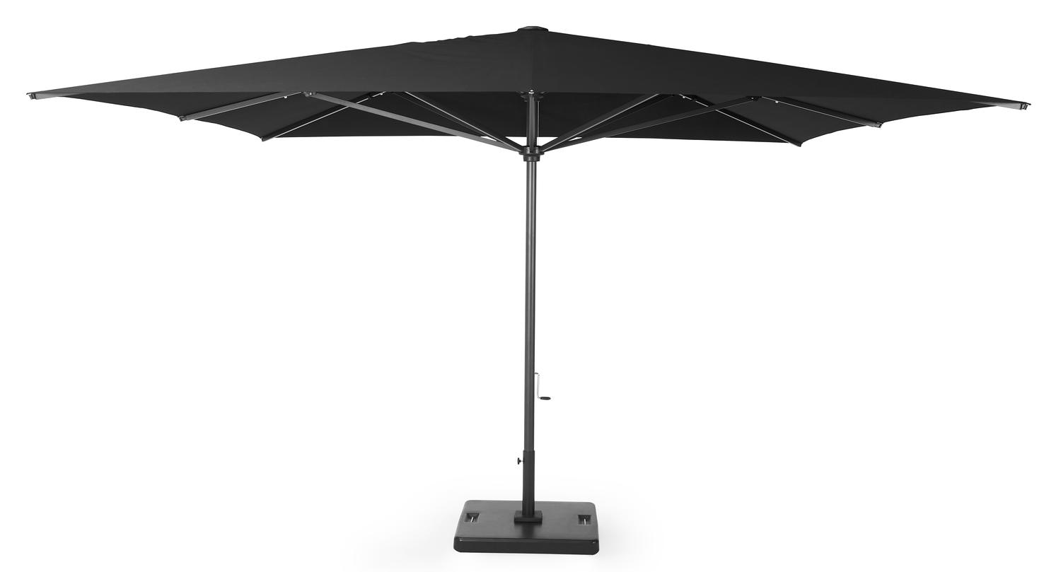 Solino staanparasol in zwart aluminium met zwart all weather sunbrella® premium parasoldoek - L1 400 x L2 400 cm (met voet)