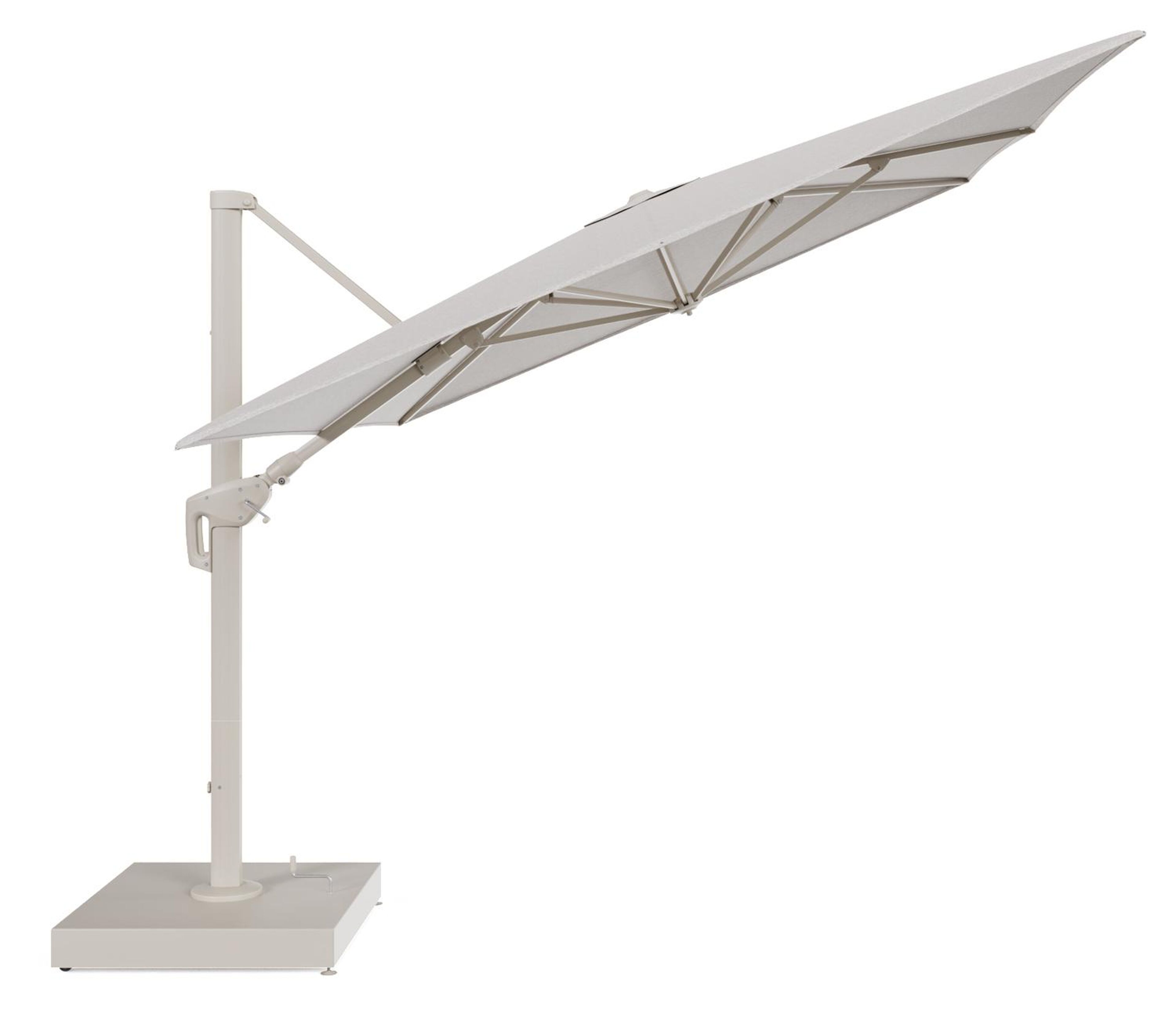 Minore zweefparasol met tiltfunctie in beige aluminium en Tundra Sand All Weather Sunbrella® Luxe parasoldoek - L1 400 x L2 300 cm met parasolvoet Minore 260 kg met wielen
