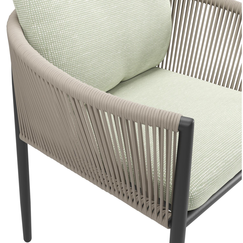 Organo tuinstoel in zwart aluminium en zwart verticaal geweven ronde rope met stoelkussen in All Weather Sunbrella® Luxe Slow Spirea