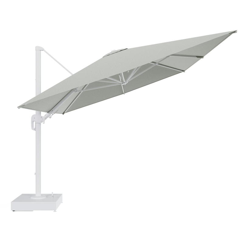 Rufina zweefparasol met tiltfunctie in wit aluminium en Slow Spirea All Weather Sunbrella® Luxe parasoldoek - L1 400 x L2 300 cm met parasolvoet Minore 150 kg met wielen