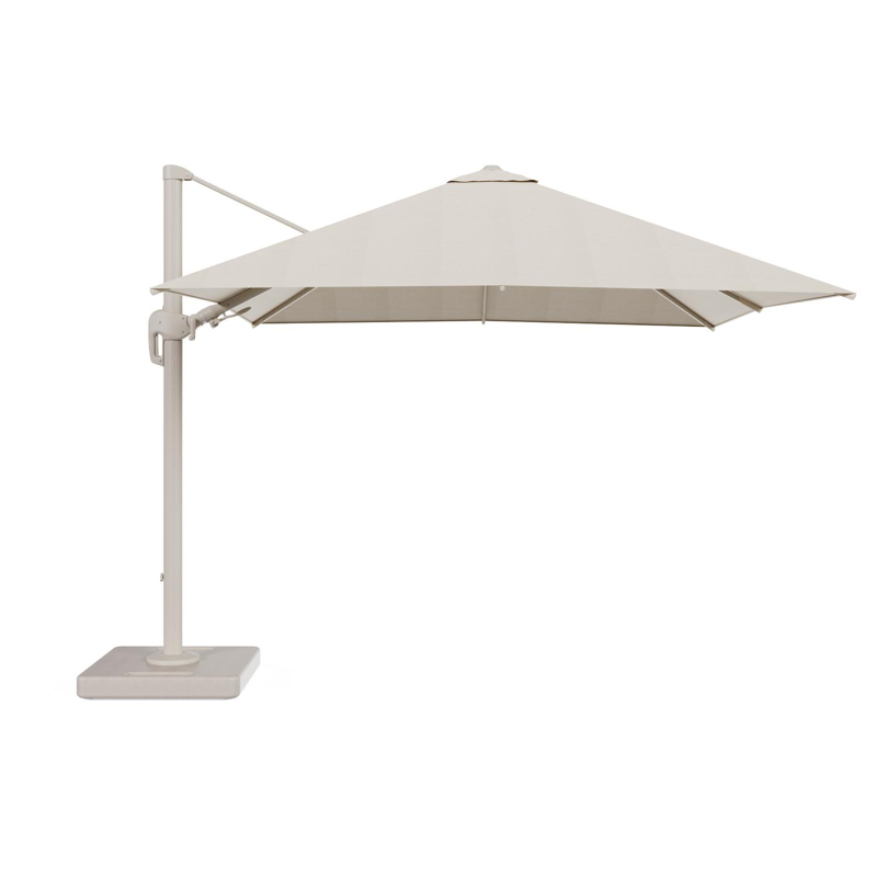 Rufina zweefparasol tiltfunctie in beige aluminium en parasoldoek in All Weather Sunbrella® Premium Beige - L1 300 x L2 300 cm met parasolvoet Lapido 160 kg
