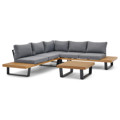 Salon de jardin d'angle Campelo en aluminium noir et polywood avec coussin en gris polyester et table basse