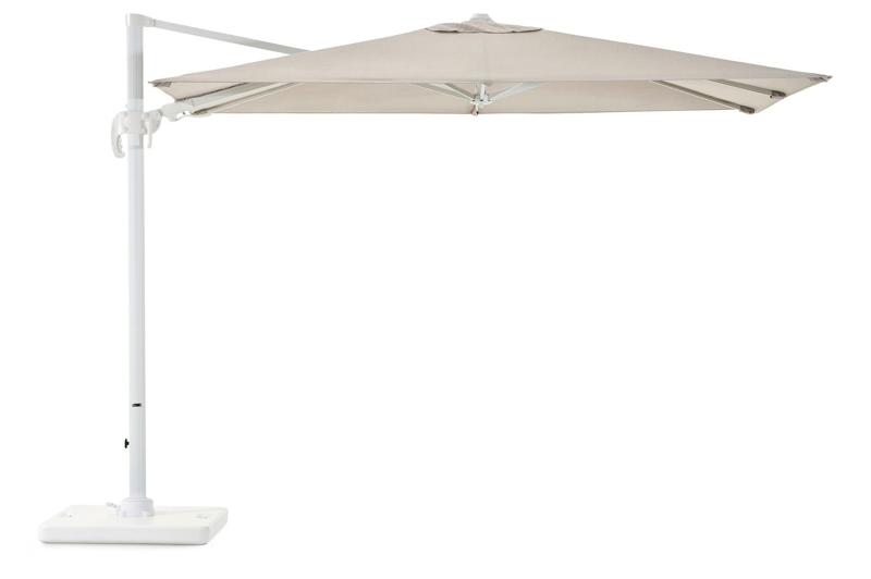 Avola zweefparasol met tiltfunctie in wit aluminium en Natte Graumel Chalk Sunbrella® Premium parasoldoek - L1 200 x L2 300 cm met Pedito parasolvoet 120 kg