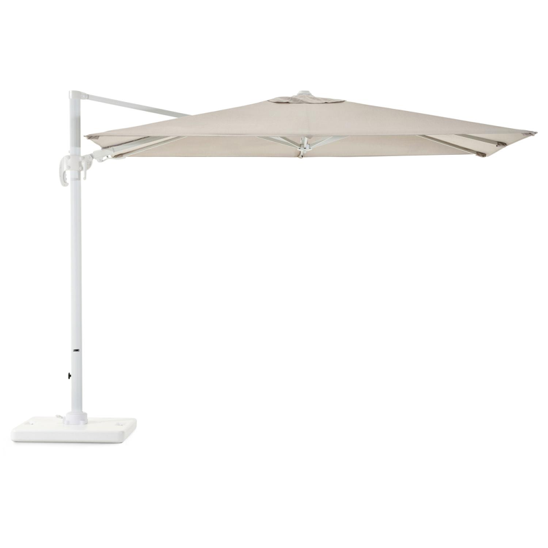 Avola zweefparasol met tiltfunctie in wit aluminium en Natte Graumel Chalk Sunbrella® Premium parasoldoek - L1 200 x L2 300 cm met Pedito parasolvoet 120 kg