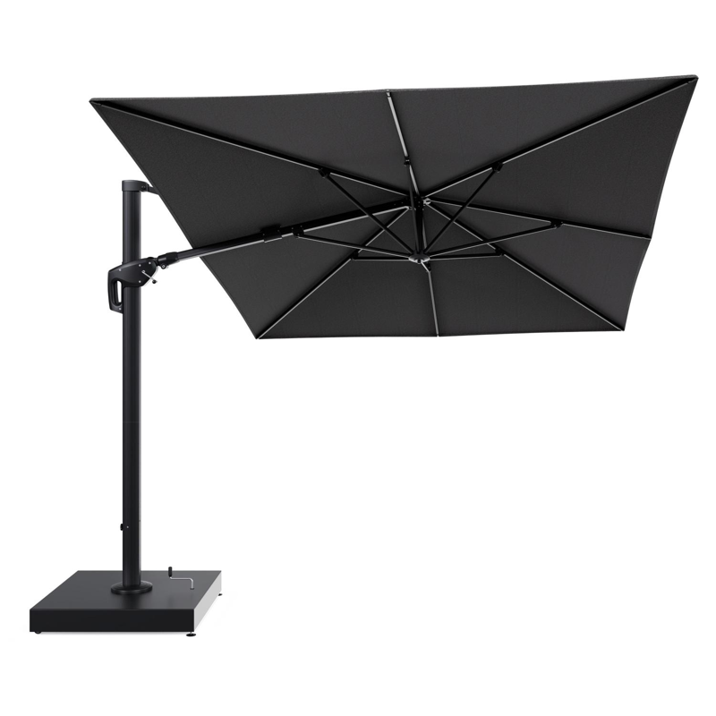Minore zweefparasol met tiltfunctie in zwart aluminium en Firenze Tunder All Weather Solica parasoldoek - L1 400 x L2 300 cm met parasolvoet Minore 260 kg met wielen
