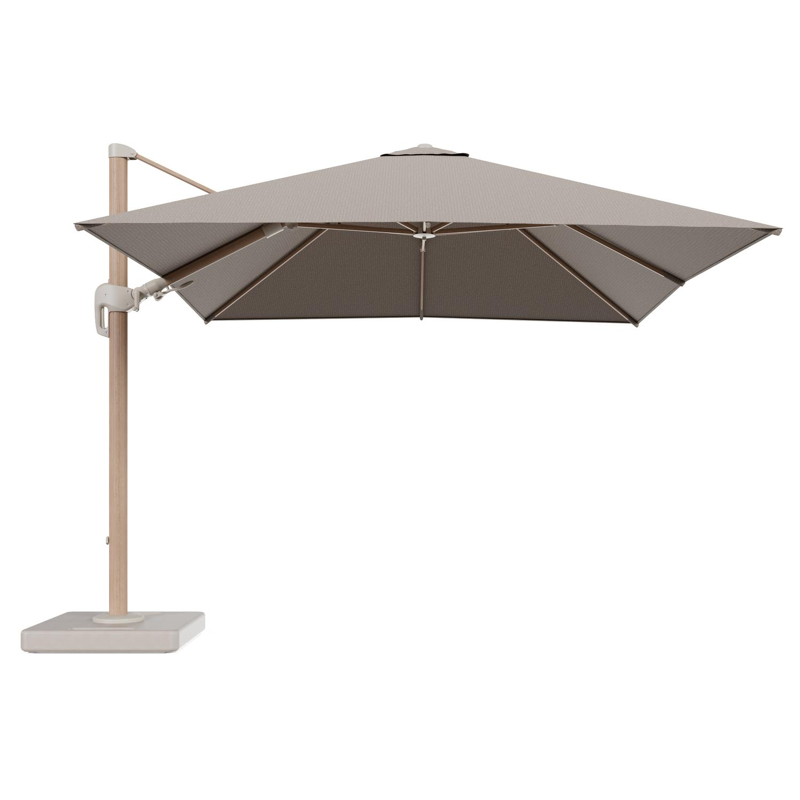 Rufina zweefparasol tiltfunctie in houtlook aluminium en parasoldoek in All Weather Solica Firenze Earth - L1 300 x L2 300 cm met parasolvoet Lapido 160 kg