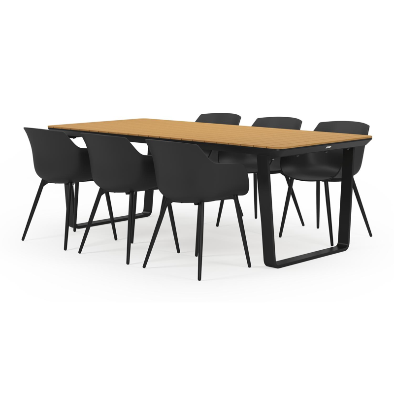Alora tuinset in zwart aluminium en polywood tafelblad met 6 Paco tuinstoelen
