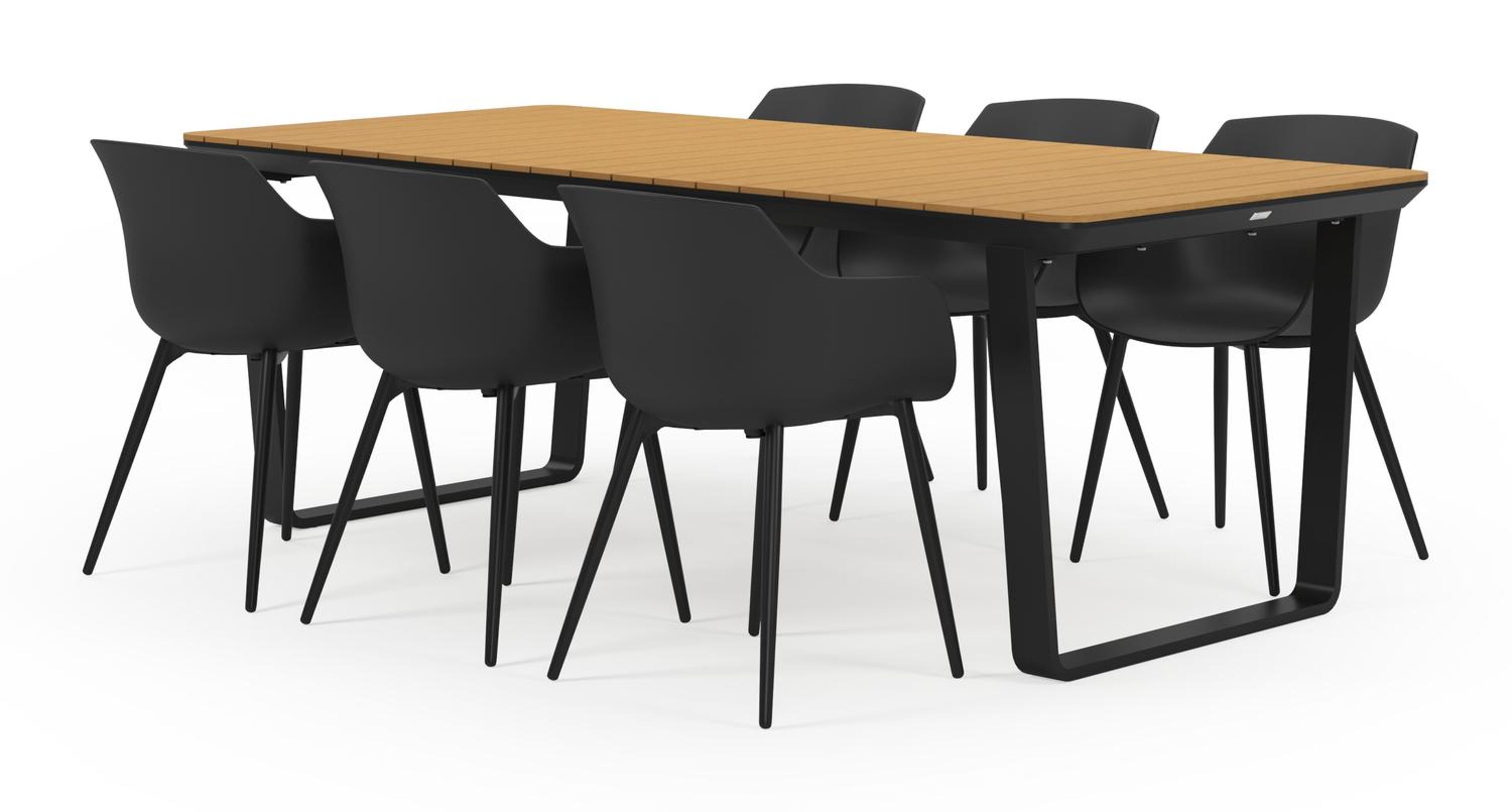 Ensemble de jardin Alora en aluminium noir avec plateau de table en polywood et 6 chaises de jardin Paco