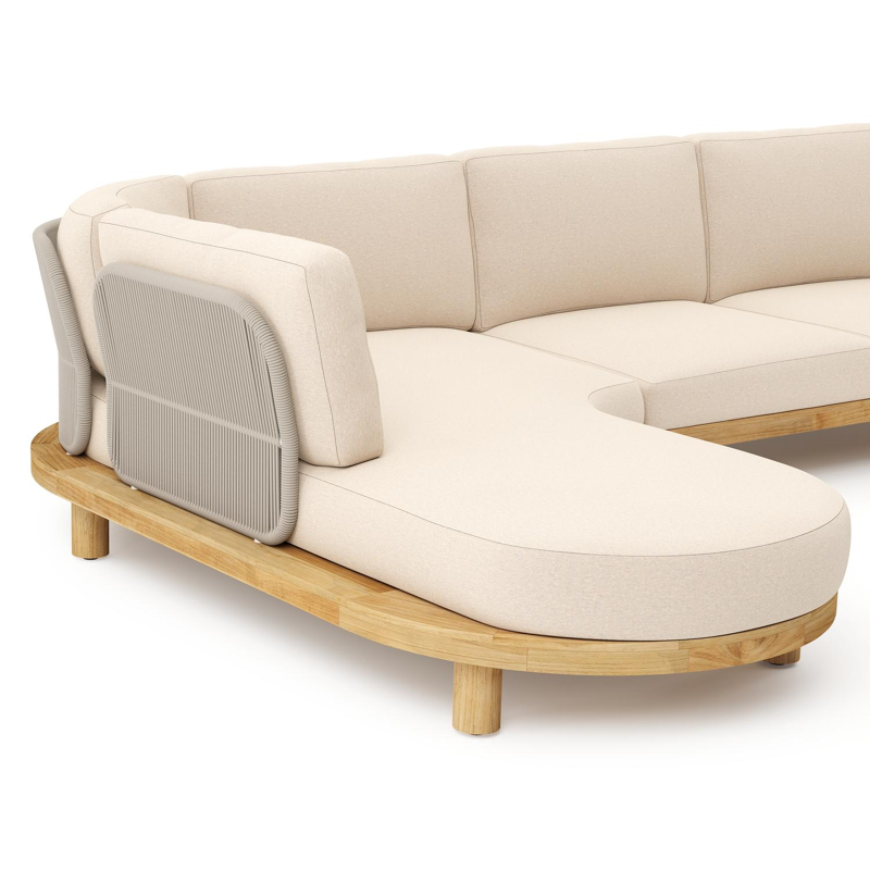 Donato loungehoek in teak en beige verticaal geweven ronde rope met all weather sunbrella® luxe Heritage Papyrus kussen