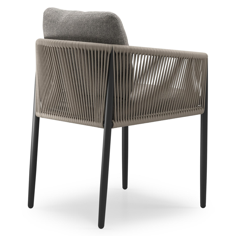 Organo tuinstoel in zwart aluminium en zwart verticaal geweven ronde rope met stoelkussen in All Weather Sunbrella® Luxe Chartres Drizzle