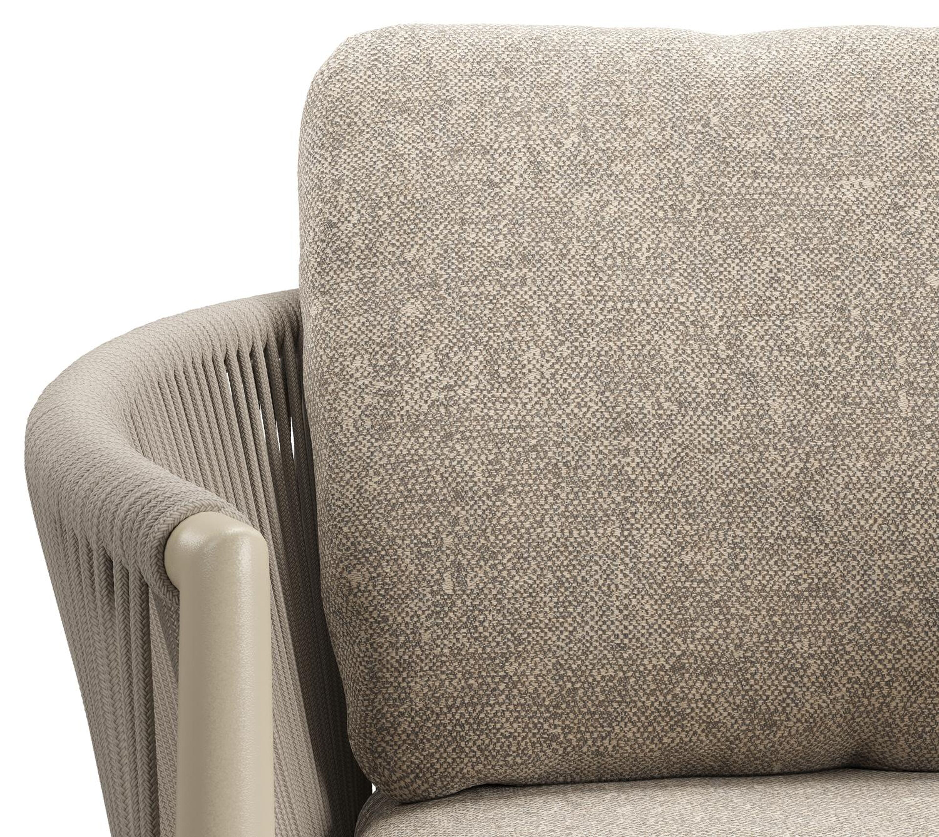 Organo tuinstoel in zwart aluminium en beige verticaal geweven ronde rope met stoelkussen in All Weather Sunbrella® Luxe Chartres Pewter