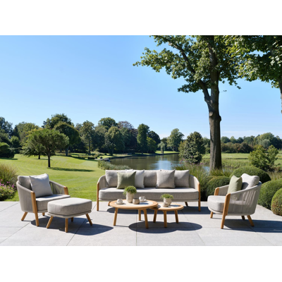 Gardo loungeset in teak en beige verticaal geweven ronde rope met chartres pewter all weather sunbrella® luxe kussens