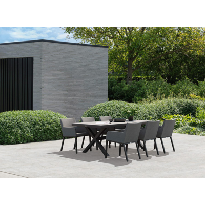 Ensemble de jardin Reza en aluminium noir avec plateau de table en céramique pleine gris et 6 chaises de jardin Rivo