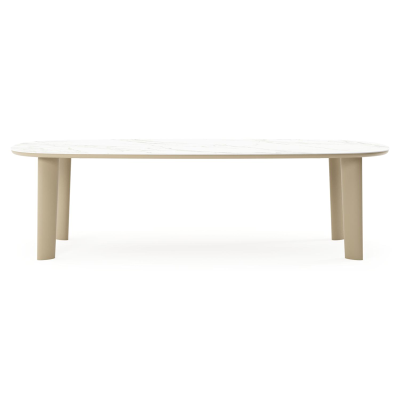 Table de jardin Amico bombo en aluminium beige et céramique pleine Calacatta - Lg. 270 x Lrg. 125 x Haut. 74 cm