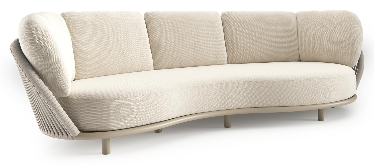 Lupino loungebank in beige aluminium en beige verticaal geweven luxe vlakke brede rope met althea off white all weather cosytica kussen