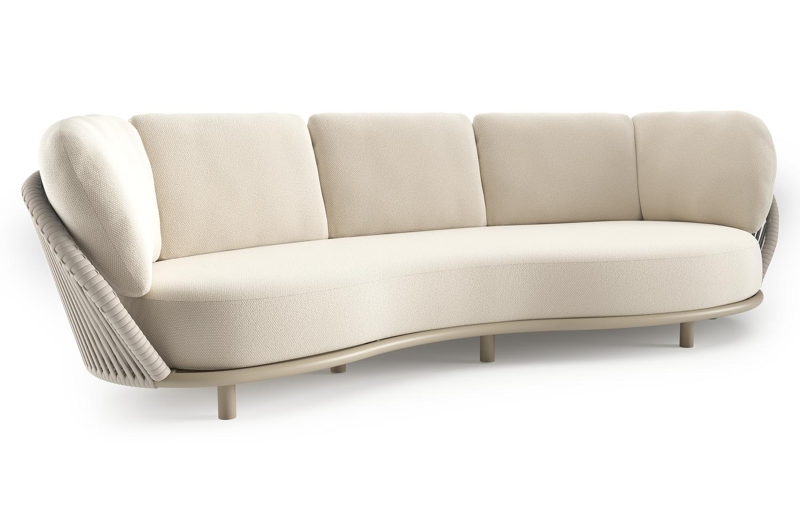 Lupino loungebank in beige aluminium en beige verticaal geweven luxe vlakke brede rope met althea off white all weather cosytica kussen