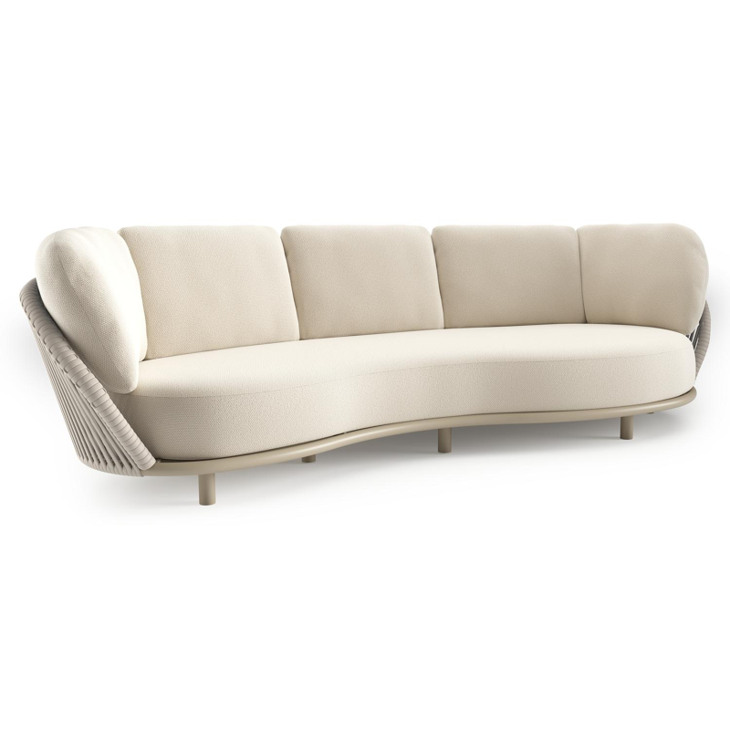 Lupino loungebank in beige aluminium en beige verticaal geweven luxe vlakke brede rope met althea off white all weather cosytica kussen