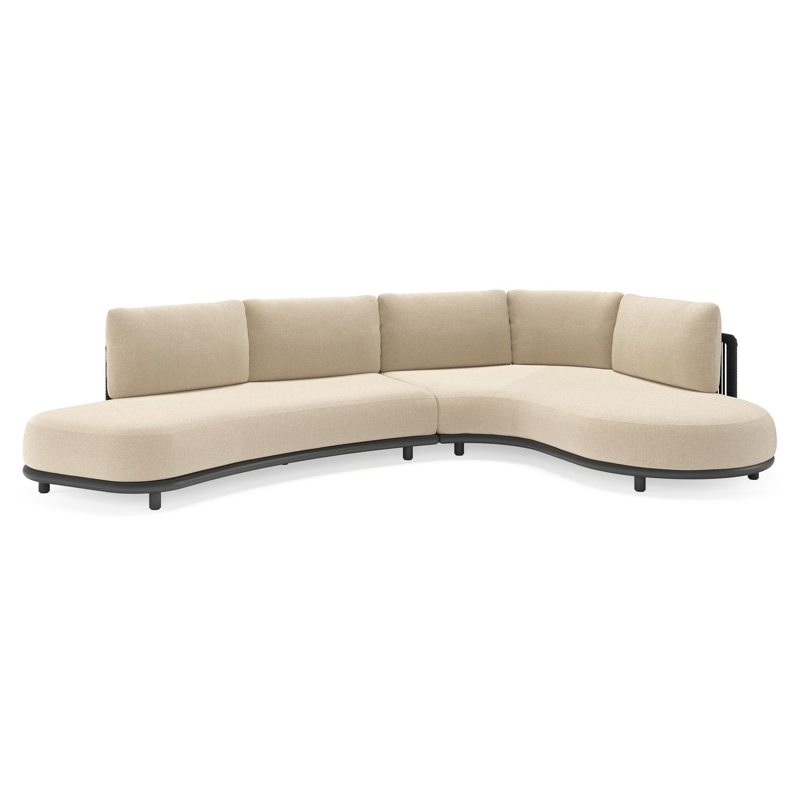 Salon de jardin d'angle Lomano en aluminium noir et corde luxe plate tissée verticalement noir et coussins en all weather cosytica althea chalk