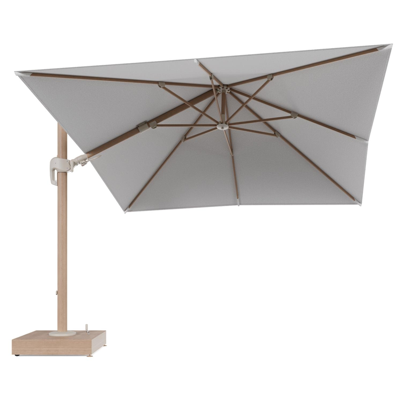Rufina zweefparasol met tiltfunctie in houtlook aluminium en Ego Birch All Weather Solica parasoldoek - L1 300 x L2 300 cm met parasolvoet Minore 150 kg met wielen