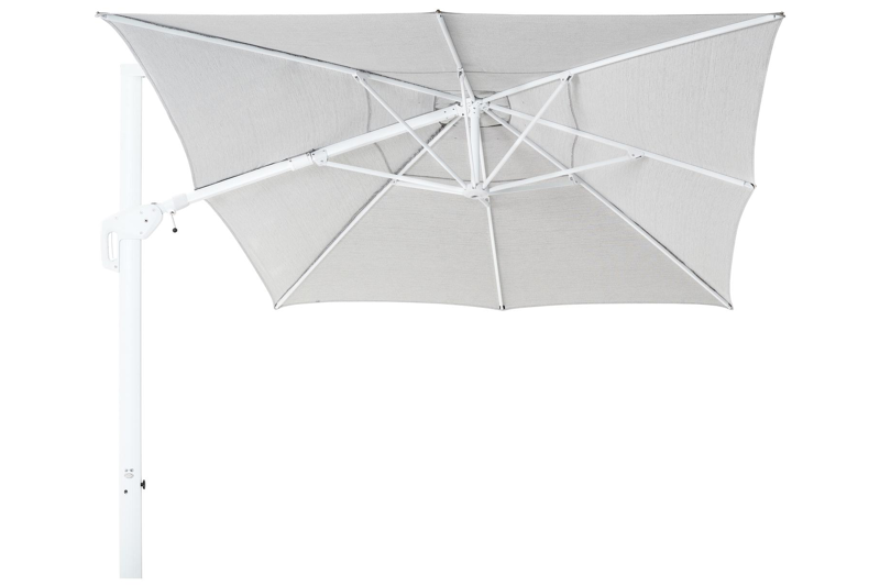 Parasol pendant Minore avec fonction tilt en aluminium blanc avec toile de parasol en all weather sunbrella® luxe savane nimbus - Larg1 300 x Larg2 400 cm (sans pied de parasol)