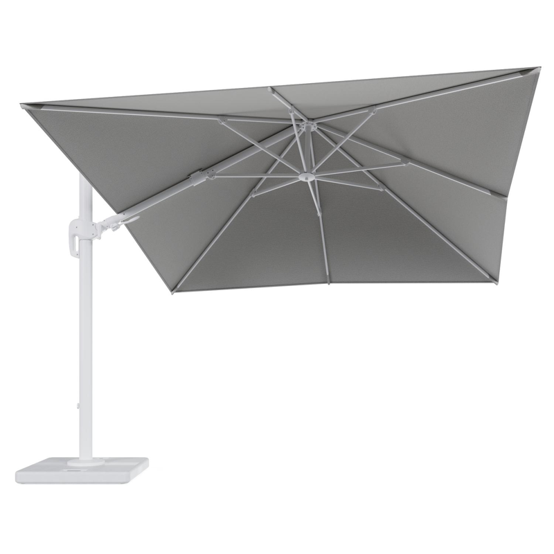 Rufina zweefparasol tiltfunctie in wit aluminium en parasoldoek in All Weather Sunbrella® Luxe Savane Nimbus - L1 300 x L2 300 cm met parasolvoet Lapido 120 kg