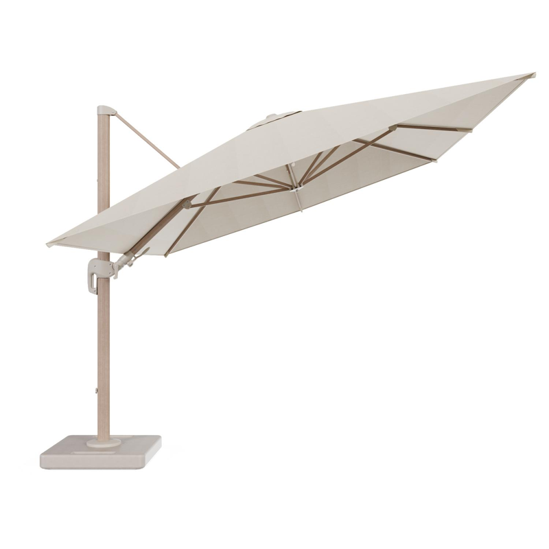 Rufina zweefparasol met tiltfunctie in aluminium houtlook met beige all weather sunbrella® premium parasoldoek - L1 400 x L2 300 cm met parasolvoet Lapido 160 kg