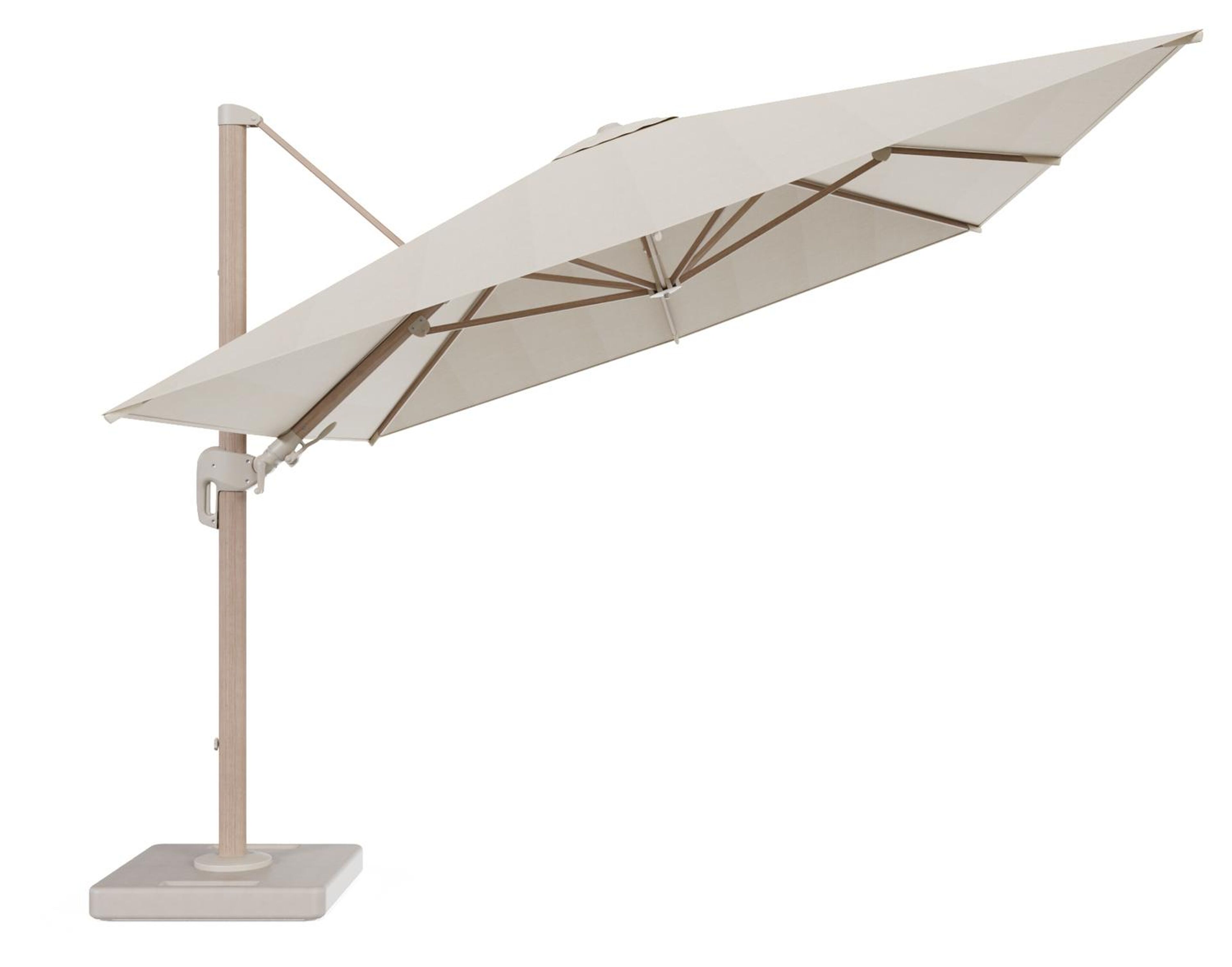 Parasol pendant Rufina en aspect de bois aluminium avec fonction tilt et toile de parasol en all weather sunbrella® premium beige - Lg.1 400 x Lg.2 300 cm avec pied de parasol Lapido 160 kg