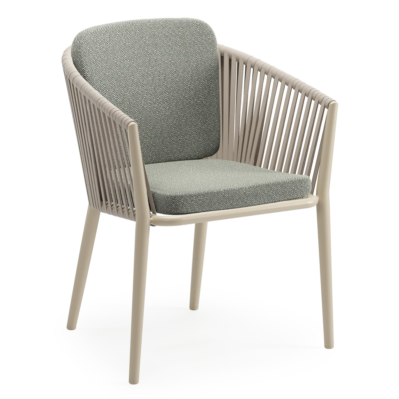 Chaise de jardin Orso en aluminium beige et corde plate tissée verticalement beige avec coussin en All Weather Sunbrella® Luxe Savane Leaf