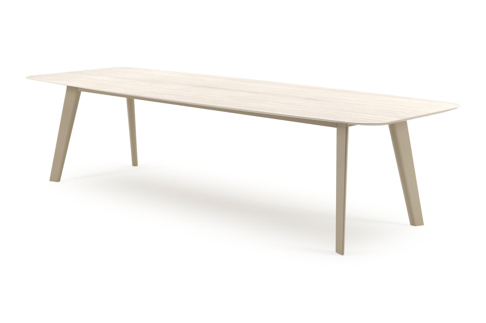 Table de jardin Lacrima forme de bateau en aluminium beige et céramique pleine Travertino Bianco - Lg. 315 x Lrg. 115 x Haut. 73 cm
