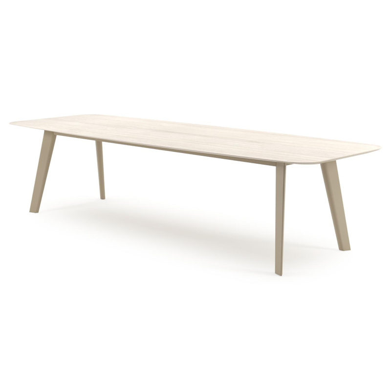 Table de jardin Lacrima forme de bateau en aluminium beige et céramique pleine Travertino Bianco - Lg. 315 x Lrg. 115 x Haut. 73 cm