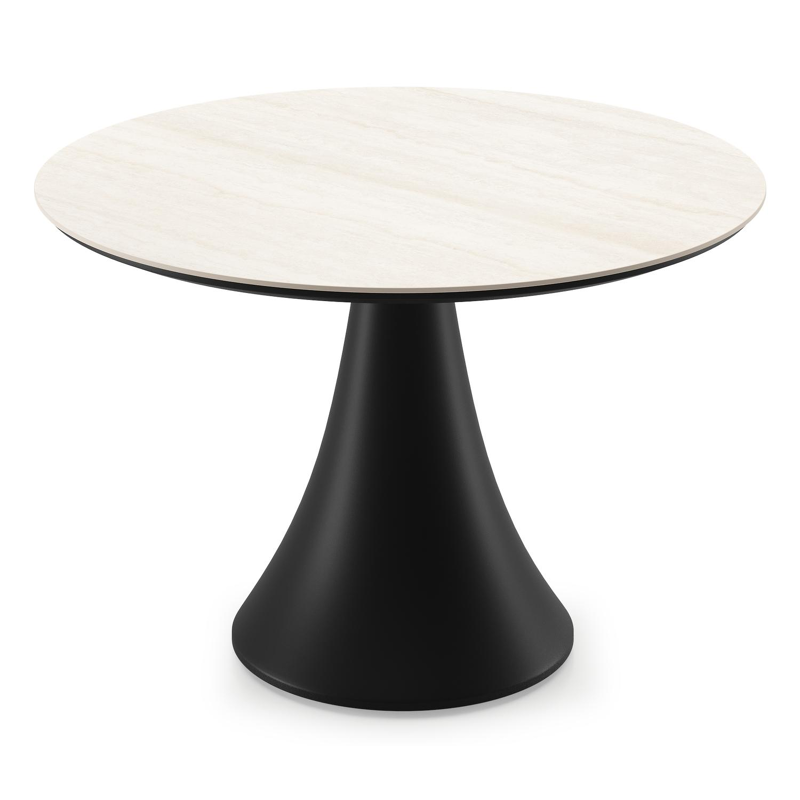 Table de basse low dining Fano ronde en aluminium noir et céramique pleine Travertino Bianco - Diam. 85 x Haut. 55 cm