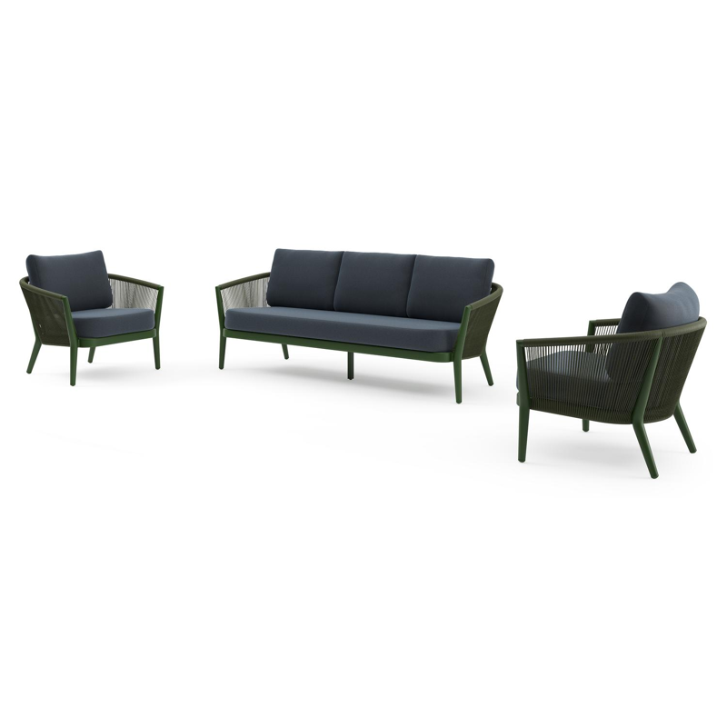 Orso loungeset in groen aluminium en groen verticaal geweven ronde rope met Heritage Indigo All Weather Sunbrella® luxe kussen