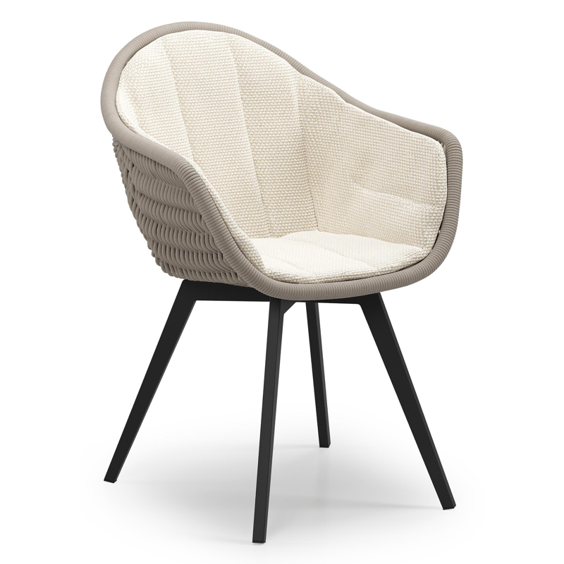 Chaise de jardin Pagino en aluminium noir et corde ronde tissée verticalement beige avec coussin en All Weather Cosytica Althea Off White